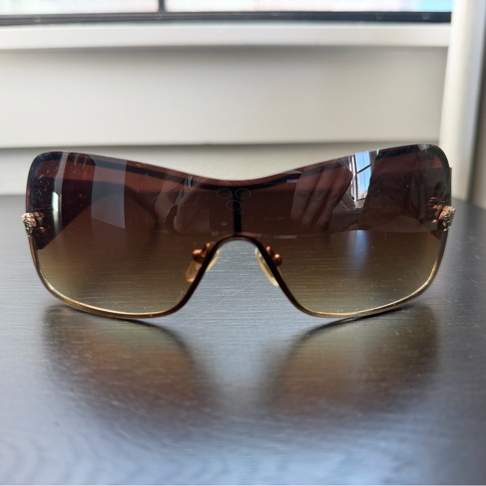 2000s Vintage Versace Gold & Brown Shield Sunglasses - Picture 2 of 8